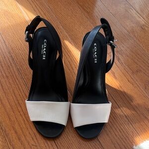 Coach Two-Tone Black and White Open-Toe Slingback Heels